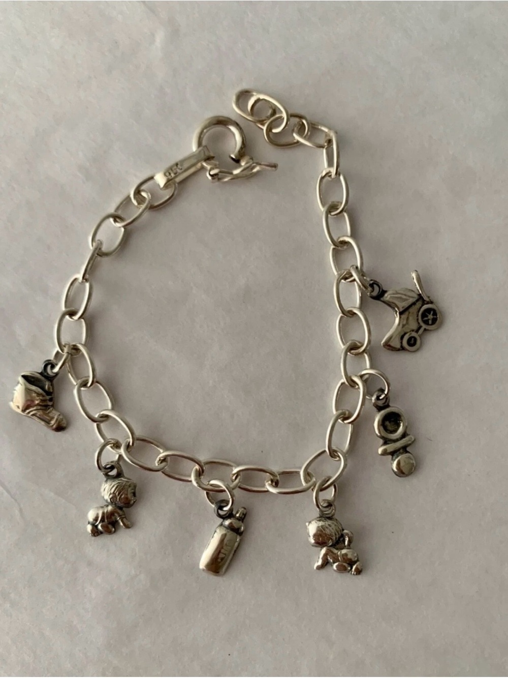 Silver 950 Baby Charm Bracelet - Stroller, Bottle, Rattle Charms